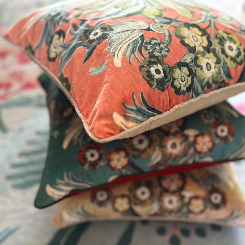 "Hummingbird Garden" Velvet Cushion Cover - PEACH