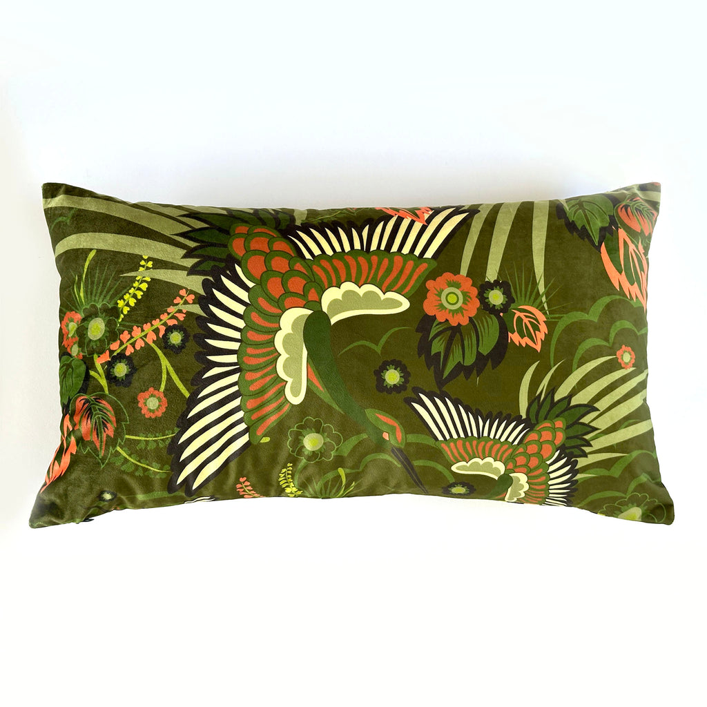 "Bird of Paradise" Velvet Cushion Cover - OLIVE