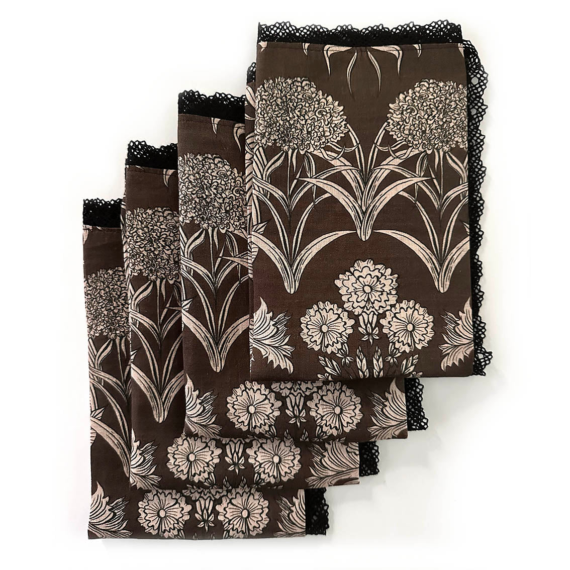 "Country Garden" Linen Napkins UMBER with cotton lace trim - SET OF 4