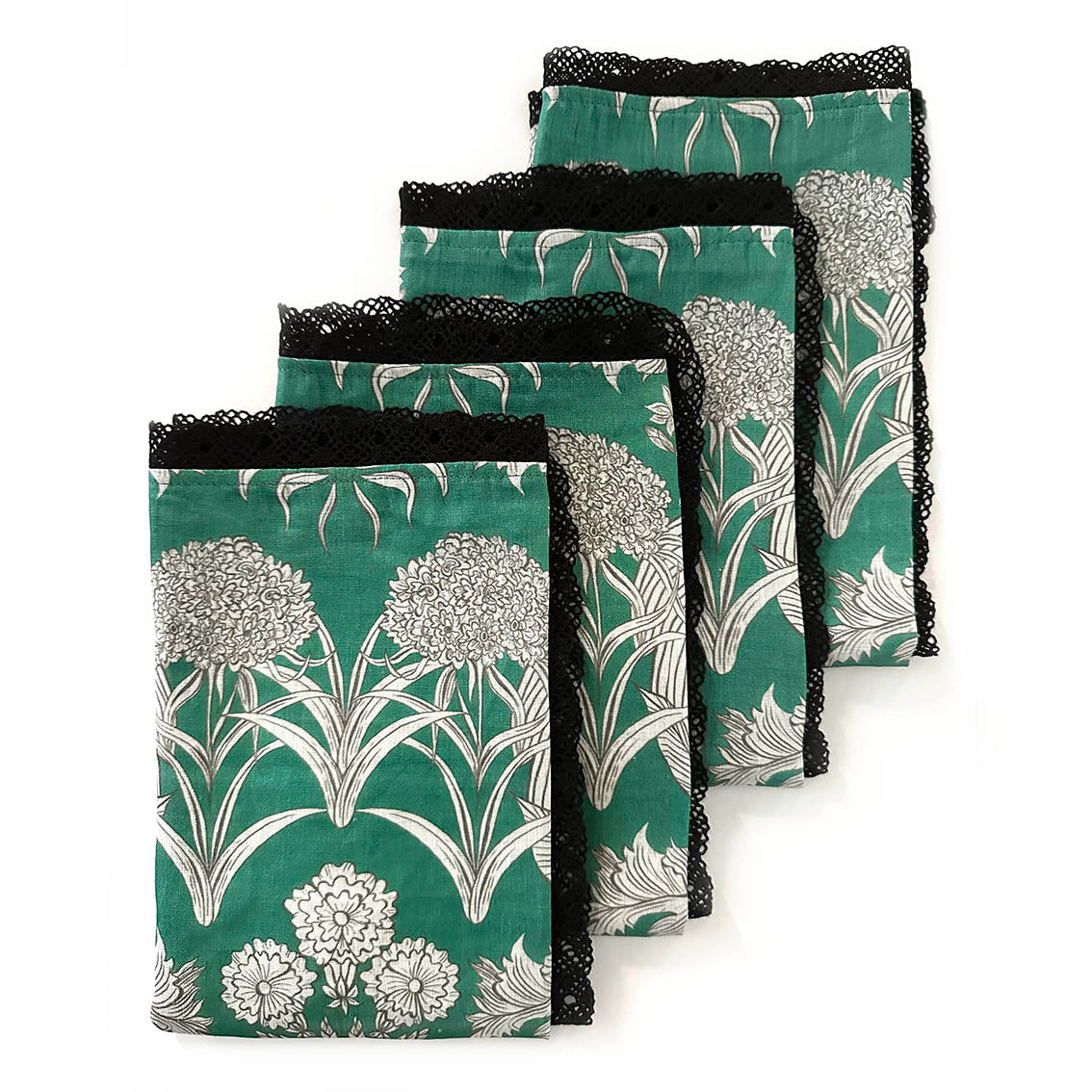 "Country Garden" Linen Napkins EMERALD with cotton lace trim - SET OF 4