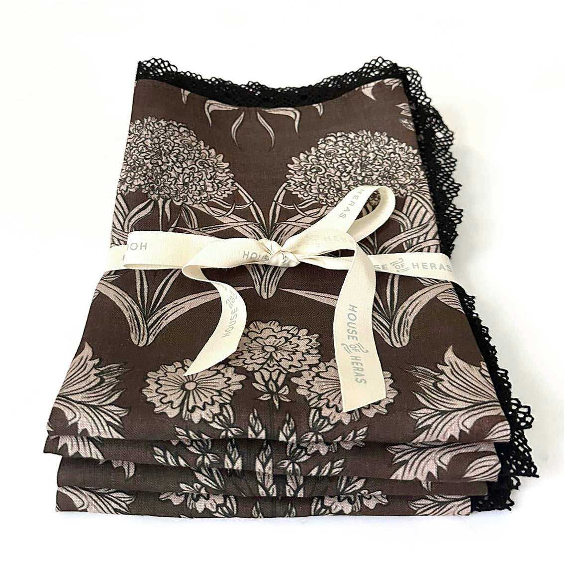 "Country Garden" Linen Napkins UMBER with cotton lace trim - SET OF 4