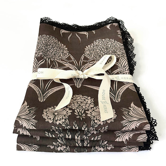 "Country Garden" Linen Napkins UMBER with cotton lace trim - SET OF 4