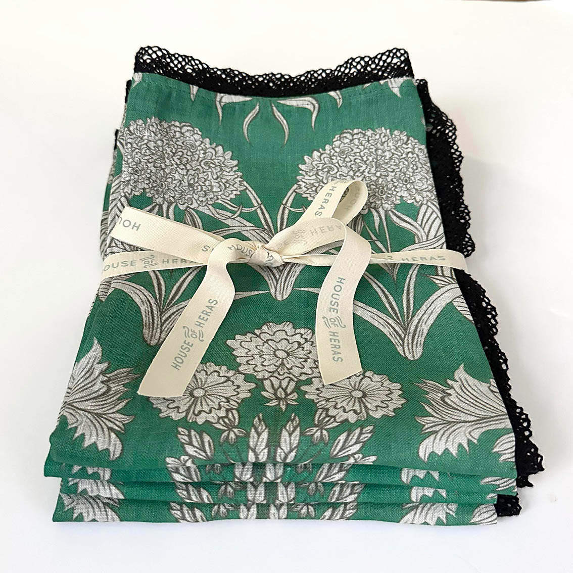 "Country Garden" Linen Napkins EMERALD with cotton lace trim - SET OF 4