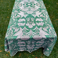 "Country Garden" Linen Tablecloth with crotched trim - EMERALD