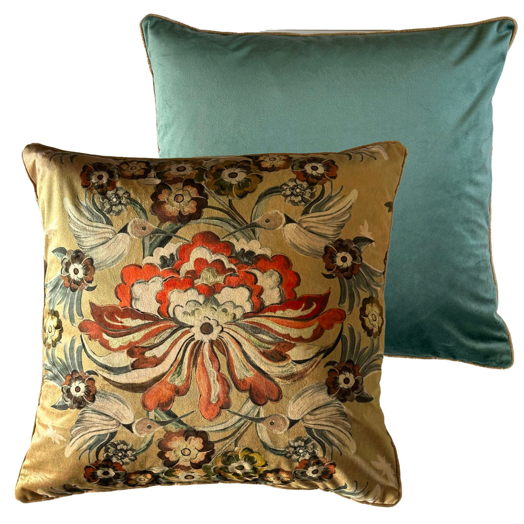 "Hummingbird Garden" Velvet Cushion Cover - HONEY