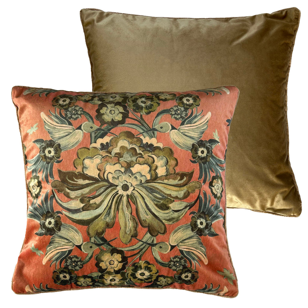 "Hummingbird Garden" Velvet Cushion Cover - PEACH