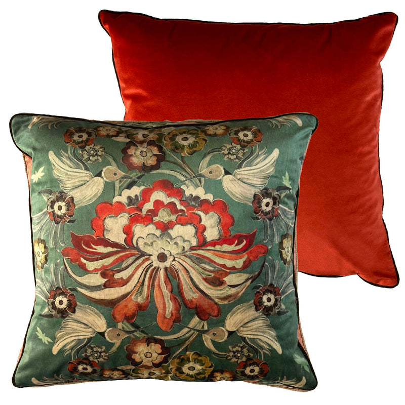 "Hummingbird Garden" Velvet Cushion Cover - TEAL