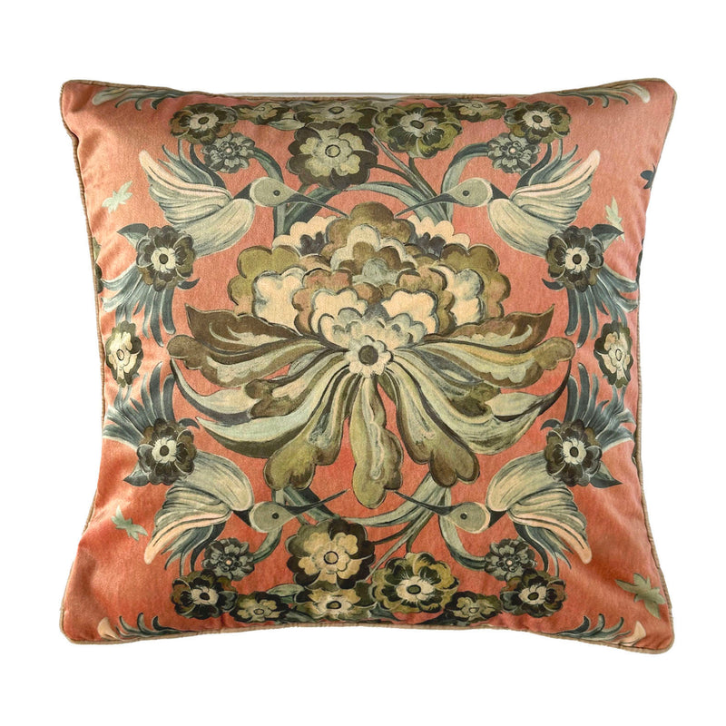 "Hummingbird Garden" Velvet Cushion Cover - PEACH