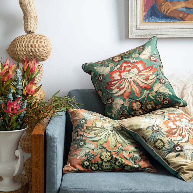 "Hummingbird Garden" Velvet Cushion Cover - HONEY