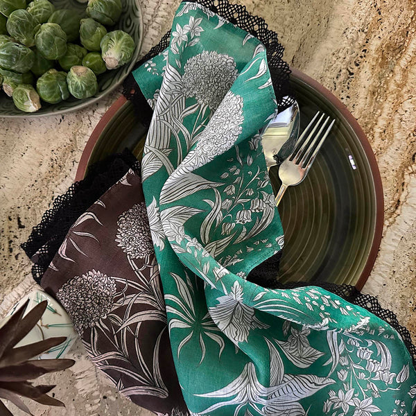 "Country Garden" Linen Napkins UMBER with cotton lace trim - SET OF 4