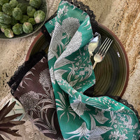 "Country Garden" Linen Tablecloth with crotched trim - EMERALD