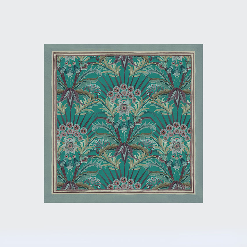 Morning Flowers Silk Scarf TEAL - 110cm