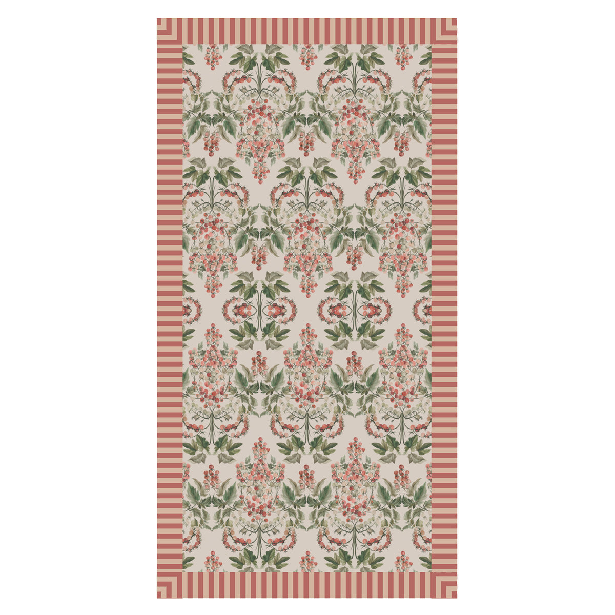 "Tomato Vine" Linen Tablecoth with Striped Ruffle - CREAM