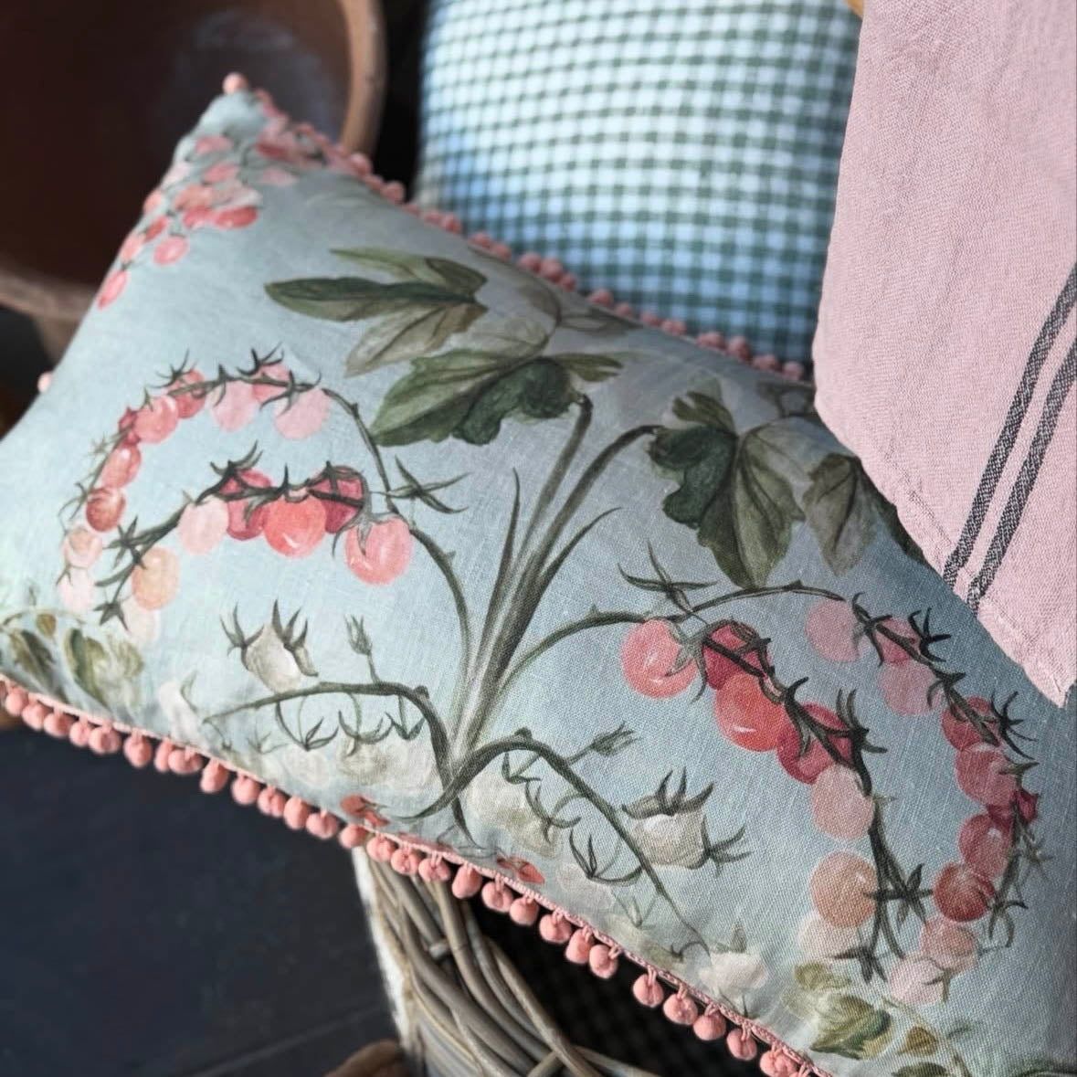 "Tomato Vine" linen cushion cover with velvet back + coral baubles - MINT