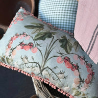 "Tomato Vine" linen cushion cover with velvet back + coral baubles - MINT