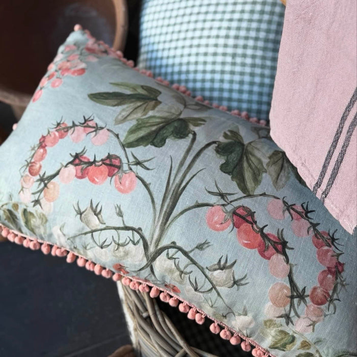 "Tomato Vine" linen cushion cover with velvet back + coral baubles - MINT