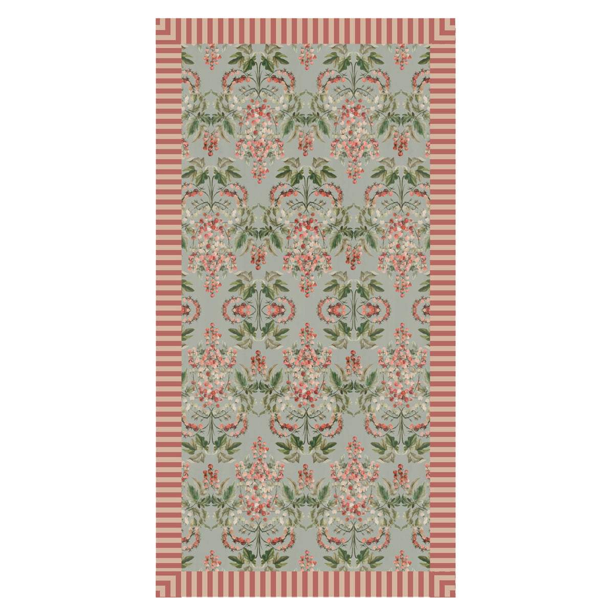 "Tomato Vine" Linen Tablecoth with Striped Ruffle - MINT