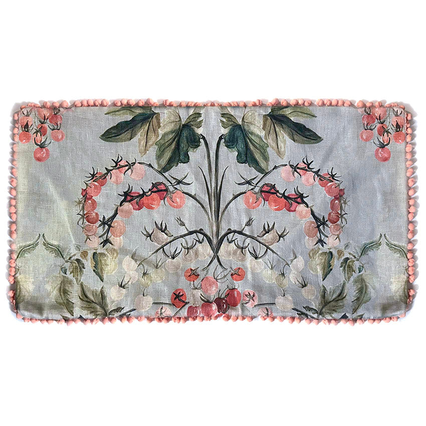 "Tomato Vine" linen cushion cover with velvet back + coral baubles - MINT