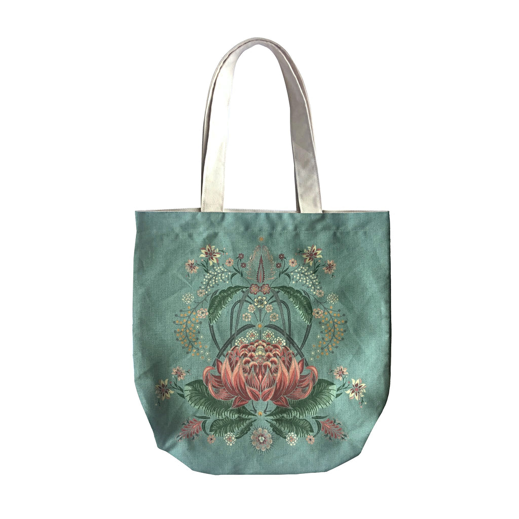 "Bush Bouquet" Belgian Linen Shopping Bag - Teal