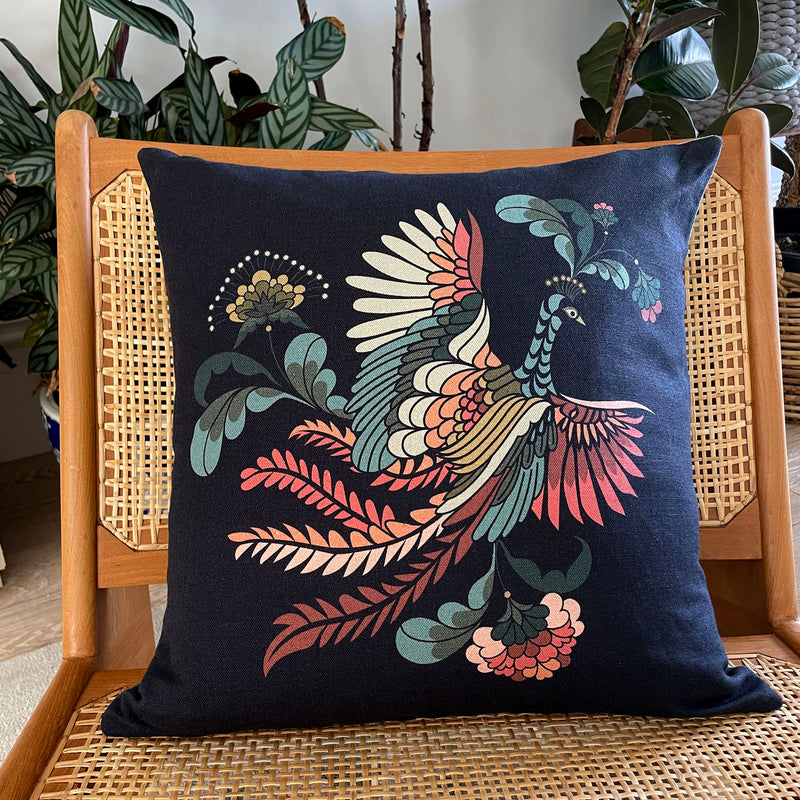 "Golden Peacock" Linen/Velvet Cushion Cover