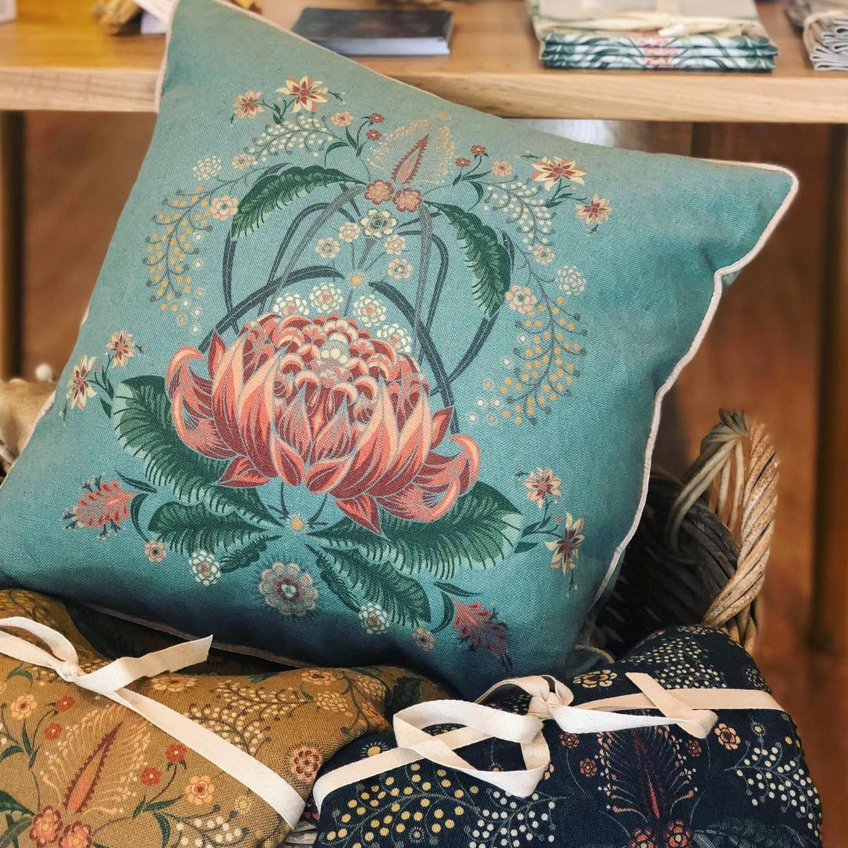"Bush Bouquet" Linen/Velvet Cushion Cover - Teal