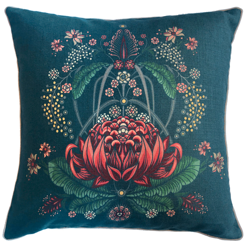 "Bush Bouquet" Linen/Velvet Cushion Cover - Navy
