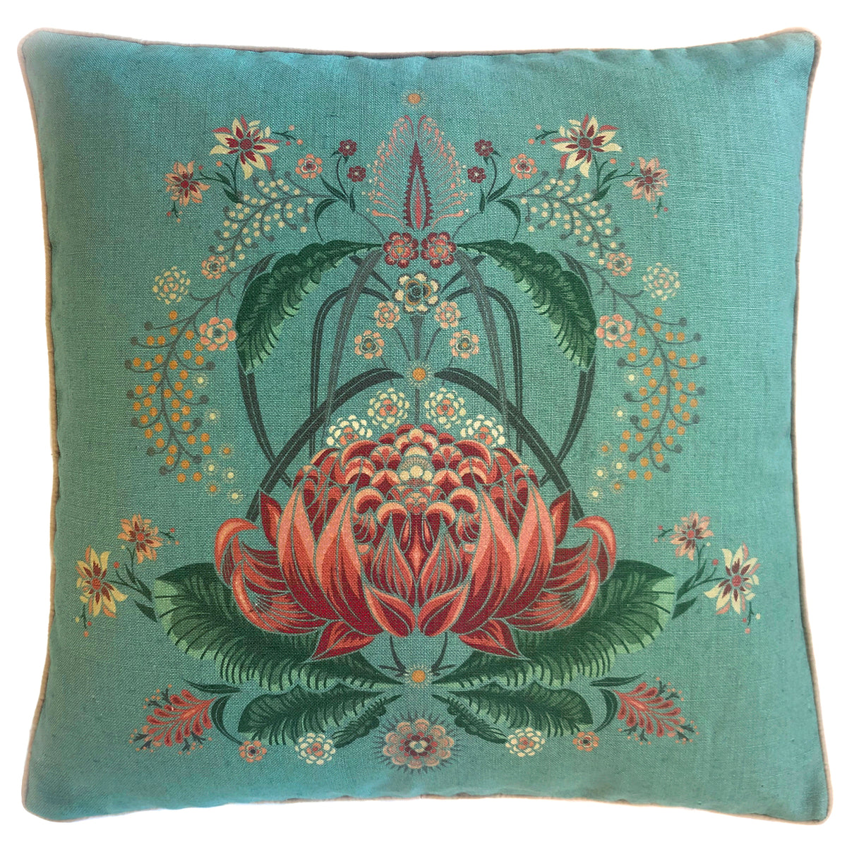 "Bush Bouquet" Linen/Velvet Cushion Cover - Teal